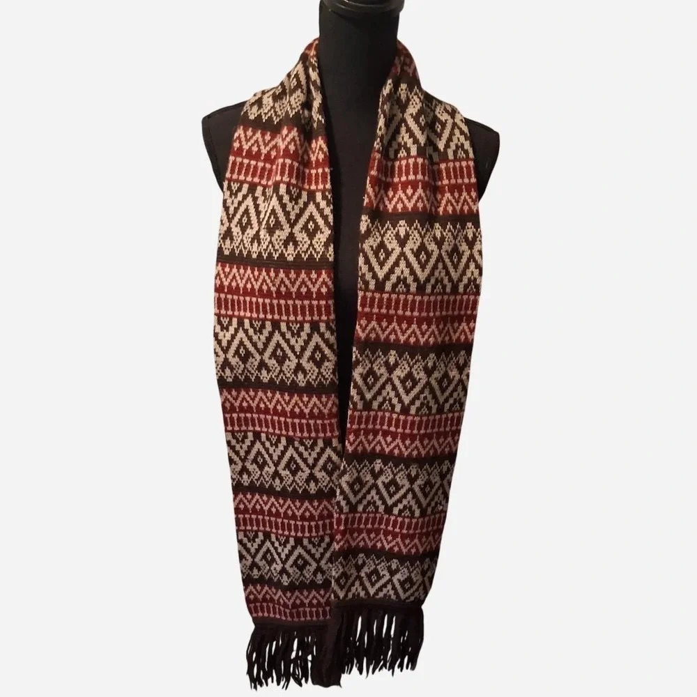 Mens Vintage 100% wool scarf with red, brown, and beige geometric